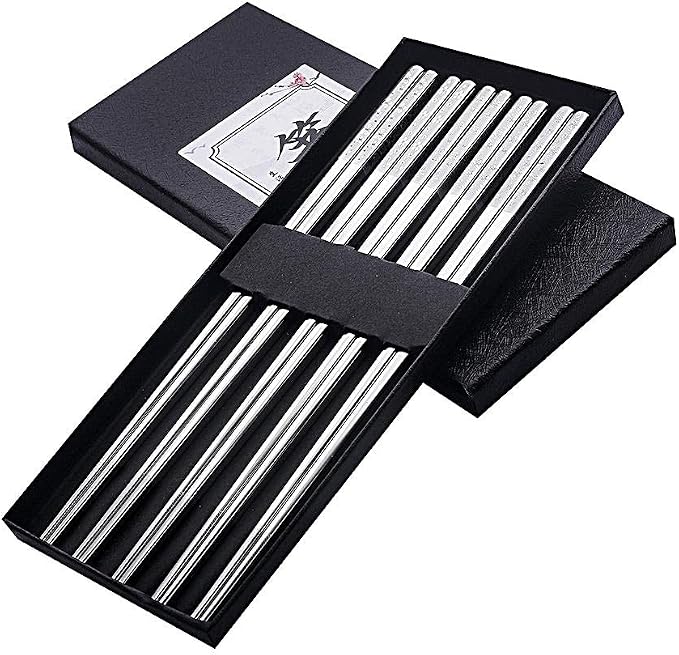 Metal Chopsticks Reusable Titanium Plated Stainless Steel Japanese Korean for Food & Cooking 9.5Inch Non-Slip for Beginners Square Laser 5 Pairs Gift Set
