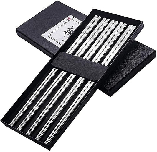 Metal Chopsticks Reusable Titanium Plated Stainless Steel Japanese Korean for Food & Cooking 9.5Inch Non-Slip for Beginners Square Laser 5 Pairs Gift Set