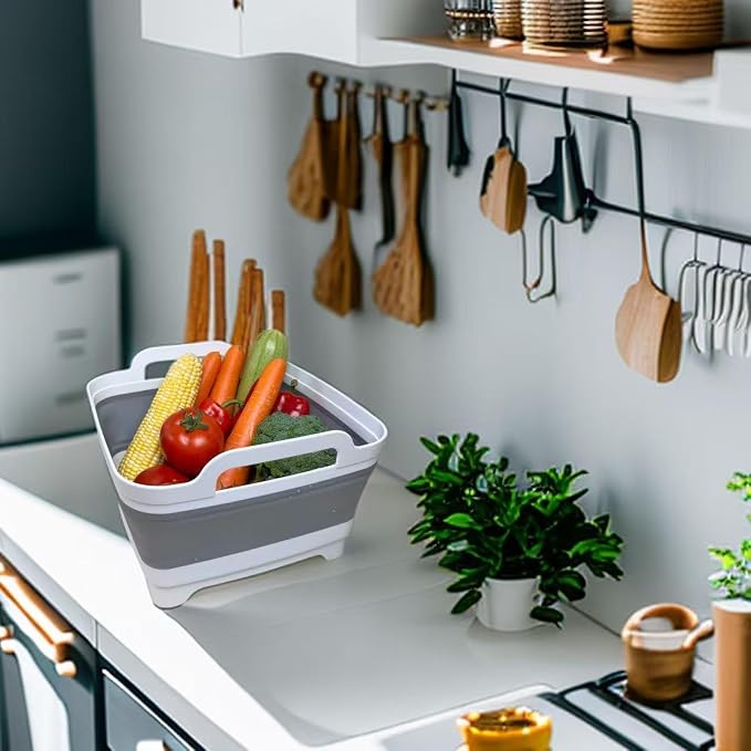 Collapsible Wash Basin with Drain Plug - 2.4 Gallon Foldable Kitchen Sink for Baby Bottles, RV Camping, Space-Saving Dish Tub (Gray) | 2.4 Gal, Collapsible Dish Basin, Drain Plug, Kitchen Sink, Camping, RV, Space-Saving, Narrow Sink, Apartment, Baby Bo...