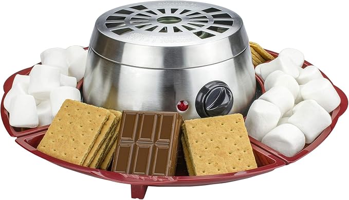 Indoor Electric S’mores Maker with 4 Roasting Forks & Ingredient Trays – Stainless Steel Base, Flameless Heating Coil for Safe Indoor Use, Easy Cleanup, Brown