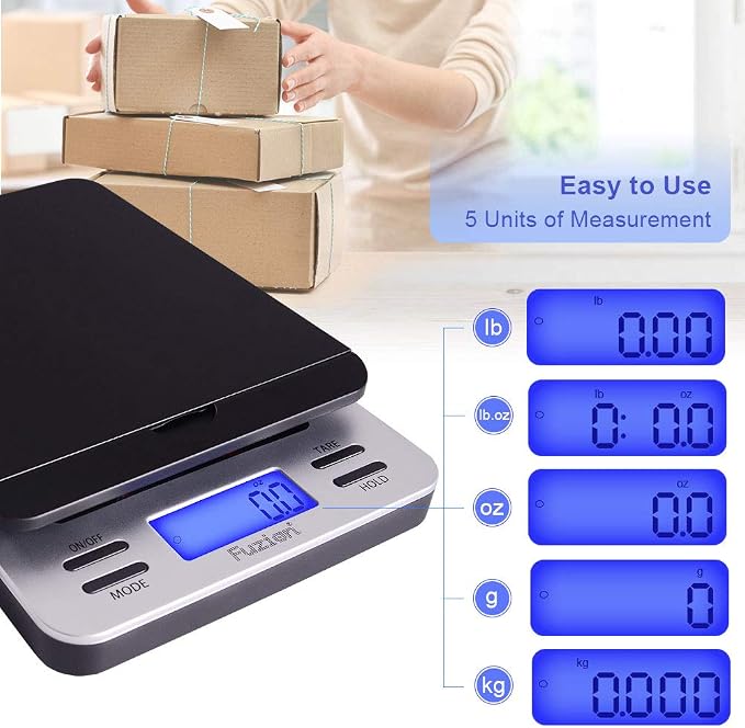 Fuzion Shipping Scale, Accurate Digital Postal Scale 86 lb/0.1 oz | Hold and Tare Function, Package Scale, Postage Scale for Packages and Mailing, LCD Display, Battery and AC Adapter Included