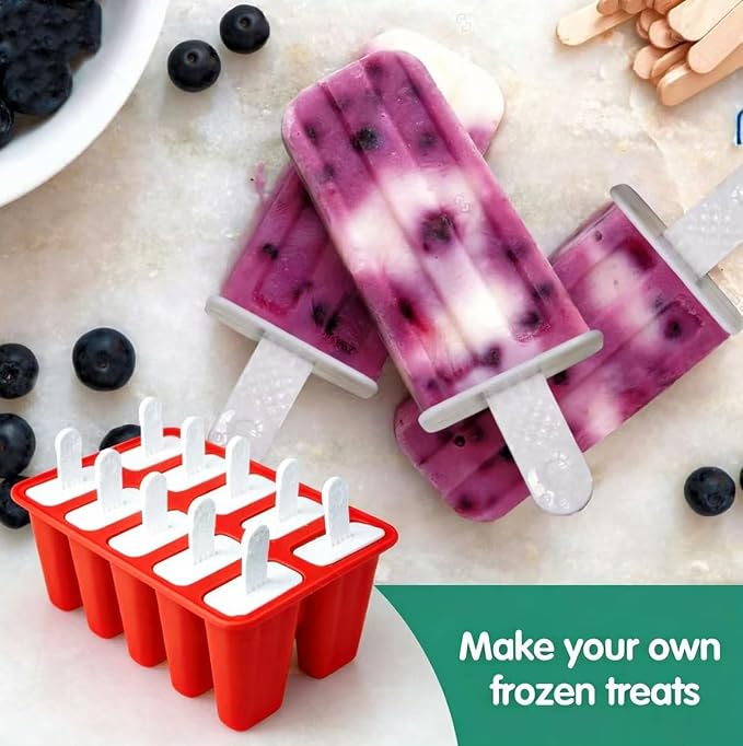 Popsicles Molds, 10 Pieces Silicone Ice Pop Molds with 10 Sticks BPA Free Popsicle Molds Reusable Easy Release Ice Popsicle Maker, Red