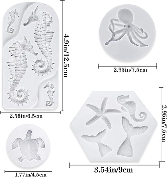 4 PCS Marine Theme Fondant Silicone Mold Hippocampus Turtle octopus Shape DIY Handmade Baking Tools, For Theme Cake Cookie Chocolate Candy Decoration Fondant Polymer Clay