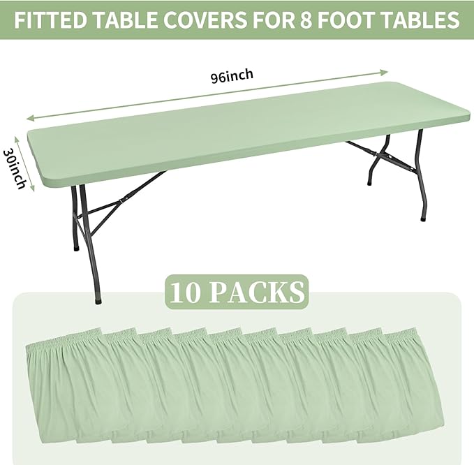10 Pack Fitted Tablecloth for 8 Foot Rectangle Tables, Sage Green Elastic Outdoor Picnic Table Cover, Washable Stretch Folding Table Cloths 8 ft for Camping Party Patio Kitchen Banquet, 30" W x 96" L
