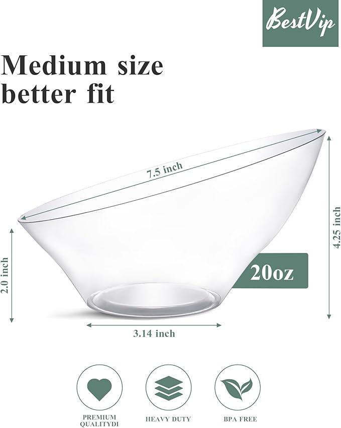BESTVIP 12 Pack 20oz Angled Disposable Serving Bowls - Clear Plastic Serving Bowls for Party, Party for Chips, Snacks, Fruit, Salad - Bowls for Parties, Daily Use, Catering,Halloween, Christmas