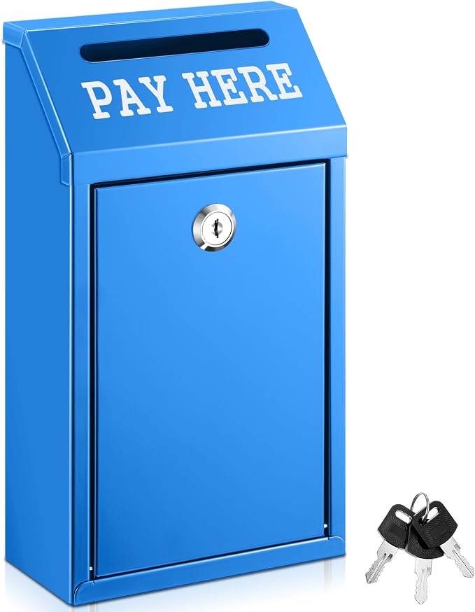 Yaocom Safe Metal Cash Box for Farm Stand – Money Drop and Secure Donation Collection, Wall Mount Lockable Unit with Pre Drilled Holes for Outdoor Self Serve(Blue,10.2 x 5.7 x 2.8 Inch)