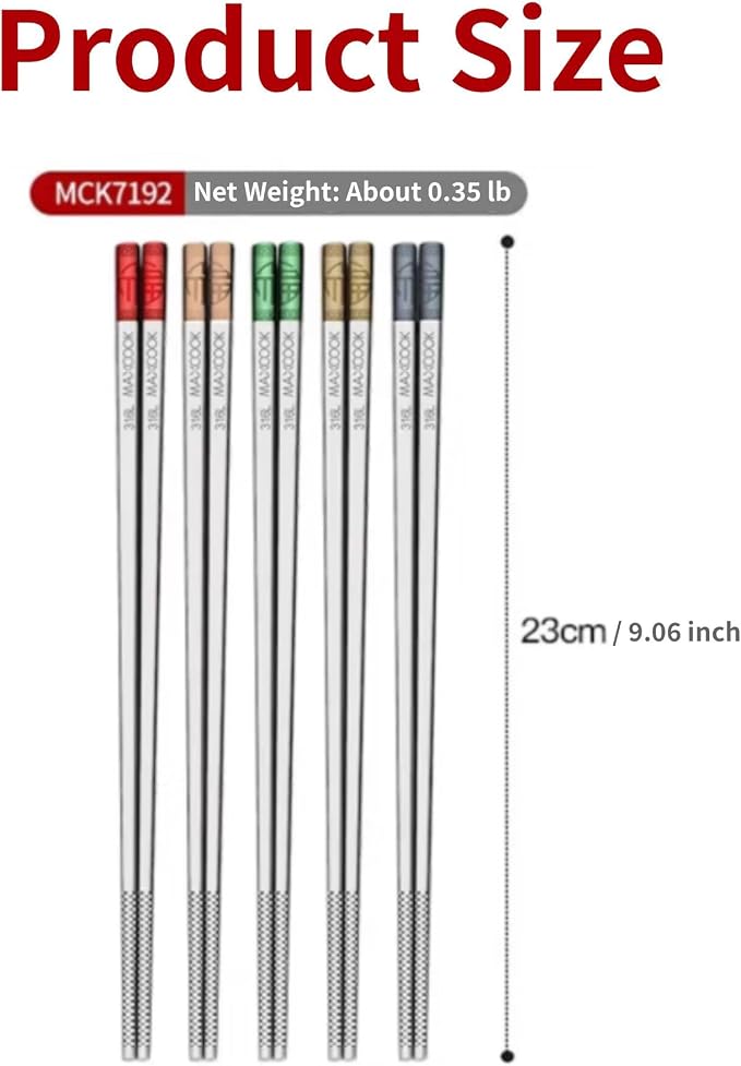 Metal Chopsticks, 5 Pairs 316L Stainless Steel Chopstick，Non-Slip Sushi Chop sticks with Laser Engraving, Reusable Chopsticks for Japanese Cuisine (9.25 Inch)