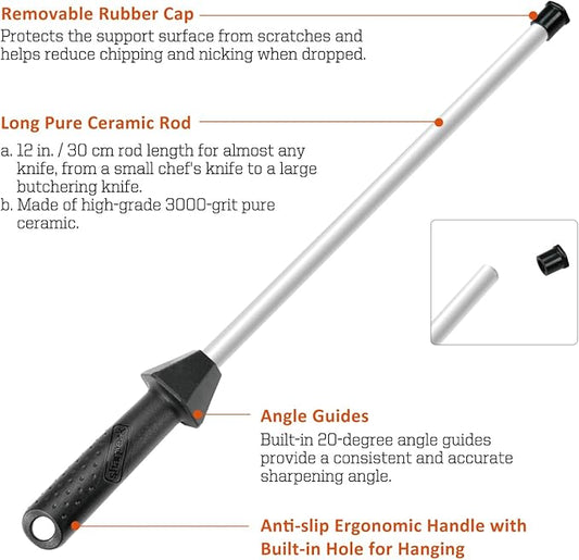 Total L.17.5-Inch/Rod L.12-Inch 3000-Grit Ceramic Sharpening Steel with Built-In Angle Guides and Anti-Breaking Cap, Sharpening Rod, Knife Steel, Ceramic Honing rod, Chaira Afilador Cuchillos