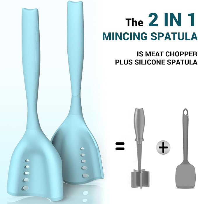 2Pack Meat Chopper Mincing Spatula, Silicone Grinder for Ground Beef | Heat Resistant, Smasher for Potato Mix Tool, Non-Scratch for Non-Stick Pans, Meat & Poultry Tenderizers, Aqua