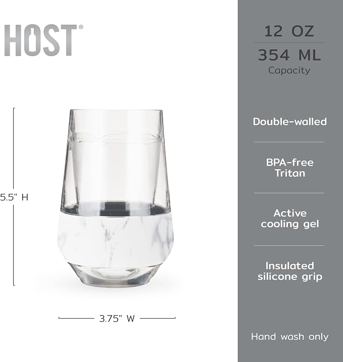 HOST Freeze XL Cooling Cup in Double Walled Insulated Freezable Drink Chilling Tumbler with Freezing Gel, 12 Ounces - Set of 2, Marble