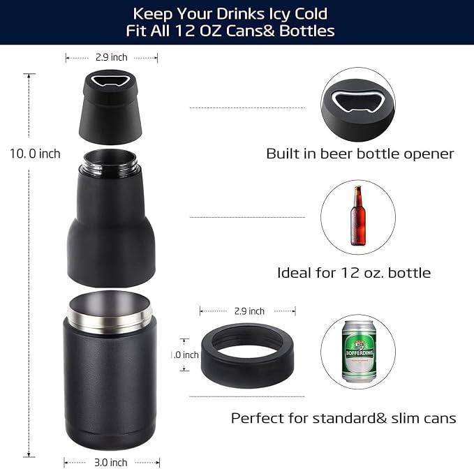 Stepstall Beer Gifts for Men, Beer Bottle and Can Cooler with Beer Opener, 12 oz. Slim Can Beer Bottle Insulators Holder, Vacuum Insulated Double Walled Stainless Steel(Matte Black)