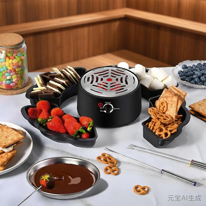 2-in-1 Electric S'mores Maker and Chocolate Fondue Set with 4 Detachable Food Trays, Stainless Steel Melting Pot, 4 Roasting Forks, Black