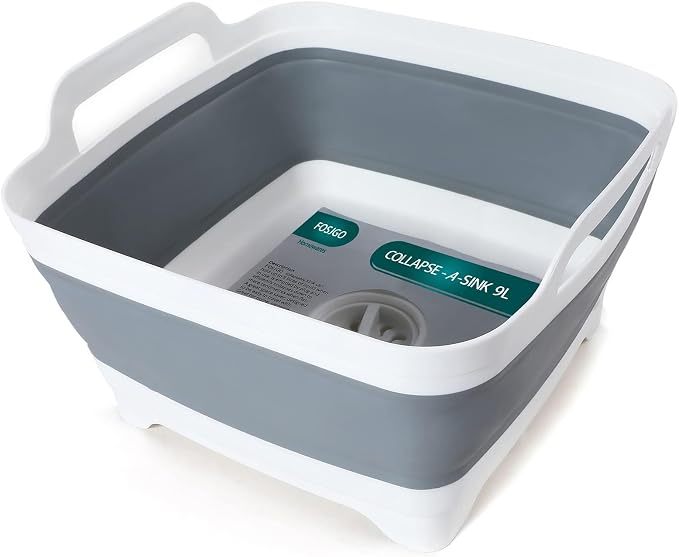 FOSJGO Collapsible Dish Basin with Drain Plug, Foldable Sink, 2.4 Gal (9L) | Space-Saving Wash Basin for Kitchen, Baby Bottles, Vegetable Washing, Camping, RV and Party Beverage Tubs