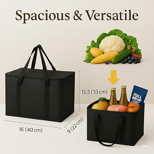 2-Pack, XL-Large Insulated Grocery Shopping Bags, Black, Reusable Bag | Thermal Zipper,Collapsible,Tote,Cooler Bag,Transport hot and Cold,Camping groceries Insulated Food Delivery Bag