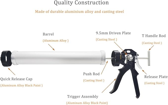 600ml Caulking Gun with Aluminum Barrel for 10oz/20oz Sausage Pack,10oz Cartridge and Bulk Application