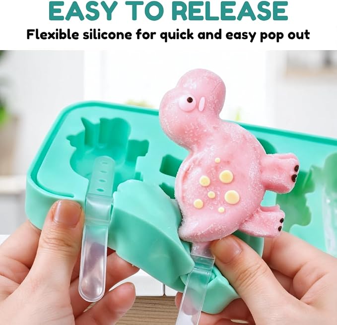 Dinosaur Silicone Popsicle Molds, 3 Pcs Ice Pop Maker | Flexible dinosaur shapes for juice pops, yogurt treats, fruit ice and summer freezer snacks.