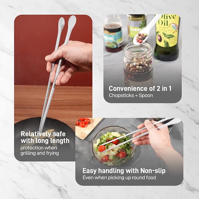 Reusable Long Silicone Cooking Chopsticks with Spoon 12 Inches 1 Pair, Dishwasher Safe, BPA-free Non-Slip, Non-Scratch, Korea Japanese Kitchen Utensils (Pastel Grey, 1Pair )