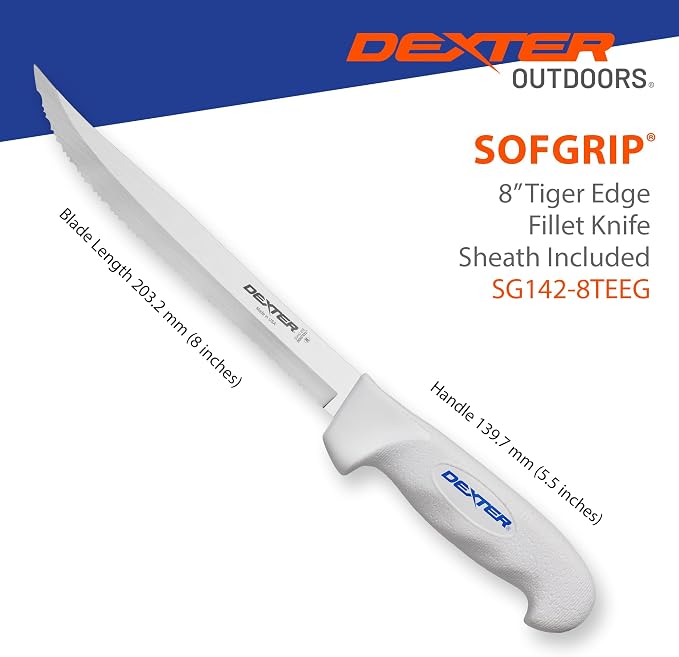 Dexter Outdoors SOFGRIP 8" Tiger Edge Scalloped Knife with Edge Guard | Tiger edge scalloped American stainless blade for tough cuts. Corrosion resistant, soft non-slip grip, edge guard included.