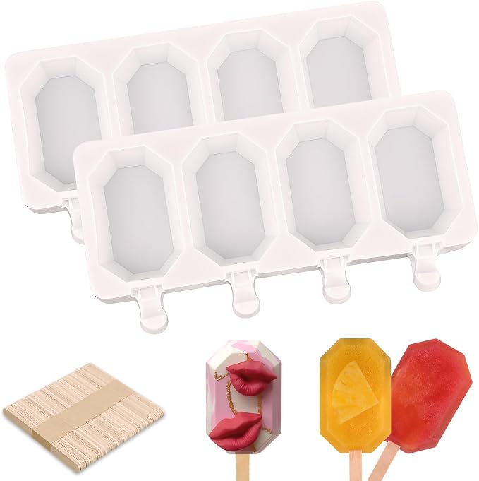 Popsicle Silicone Molds Set, 2 PCS Ice Cream Molds with 50 Wooden Sticks for Cake Pop, Ice Pop, Cakesicles (Octagon/White)