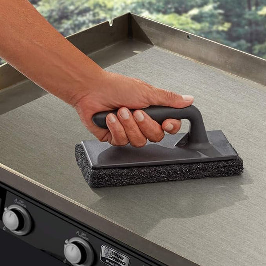 Chef Master Griddle Scraper w/Replacement Blade & Grill Scrubber Combo, Commercial Flat Iron Grill Griddle Scraper for Home, Diner, Bar & Restaurant, Flat Top Iron & Blackstone Accessories - 90254