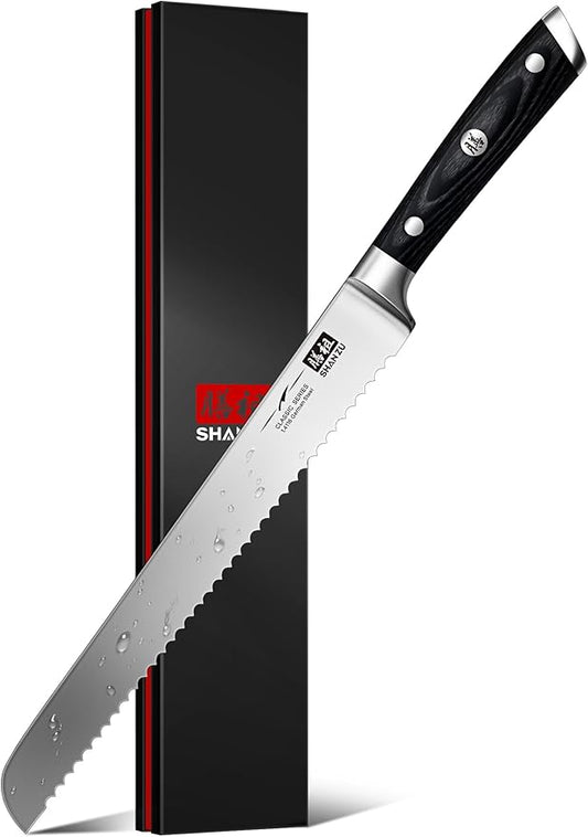 SHAN ZU 10" Bread Knife - Sourdough Slicing Knife Professional German 1.4116 Stainless Steel Serrated Blade, Ergonomic Wood Handle & Full Tang Design, Gift Box Included (Single-Edge