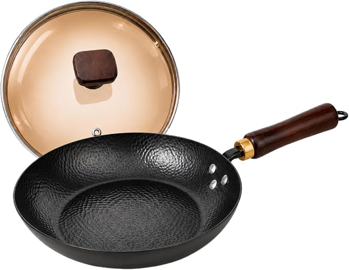 Calmabode 10.5" Hand Hammered Carbon Steel Skillet for Searing | Uncoated surface; removable handle for oven use, smoother food release with seasoning, and compatibility with all stovetops.