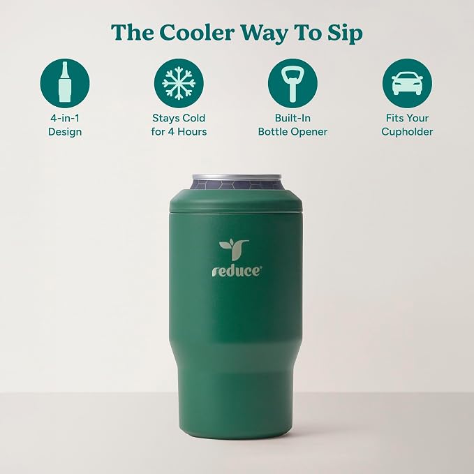 Reduce 4-in-1 Drink Cooler - Versatile Can & Bottle Holder with Vacuum Insulation - Keeps Drinks Cold Up to 4 Hours - Includes Bottle Opener - Fits Cupholders & Dishwasher Safe - 14oz - Big Green