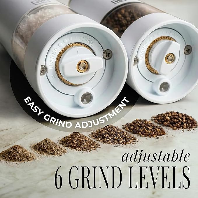 White Electric Salt and Pepper Grinder Set – Automatic Salt and Pepper Grinder Set with USB Rechargeable Design, One Touch Control, Adjustable Coarseness, LED Light, Sleek Stainless Steel Body