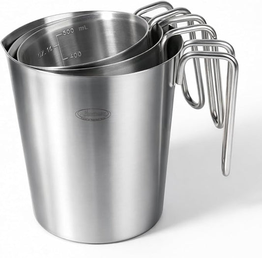 Newness 3-Pack Stainless Steel Measuring Cups Set, Metal Measuring Cup | (3 Marking, Cup/ML/Oz Scale) (2, 3 & 4 Cup) Metal Measuring Cup with Handle For Prepping, Baking and Cooking, Dishwasher