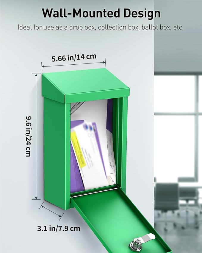 Uniclife Green Metal Donation Box, Wall Mounted Mailbox for Outside | Safe Suggestion Box with Key Lock, Steel Key Drop Box for Outside, Cash Box for Home Office and Business