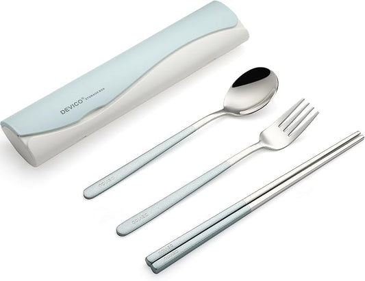 DEVICO Travel Utensils with Case, 4 Piece Portable Silverware Set for Work | 18/8 Stainless Steel Reusable Travel Cutlery Set, Korean Chopsticks Fork and Spoon Set for Lunch Box/Camping/Picnic/Dorm,Blue