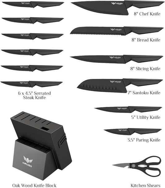 Knife Set - Haugo 15 PCS Kitchen Knife Set with Built in Sharpener - Dishwasher Safe Kitchen Knives - High Carbon Stainless Steel Knife Block Set with Ergonomic Handles - Panther Series