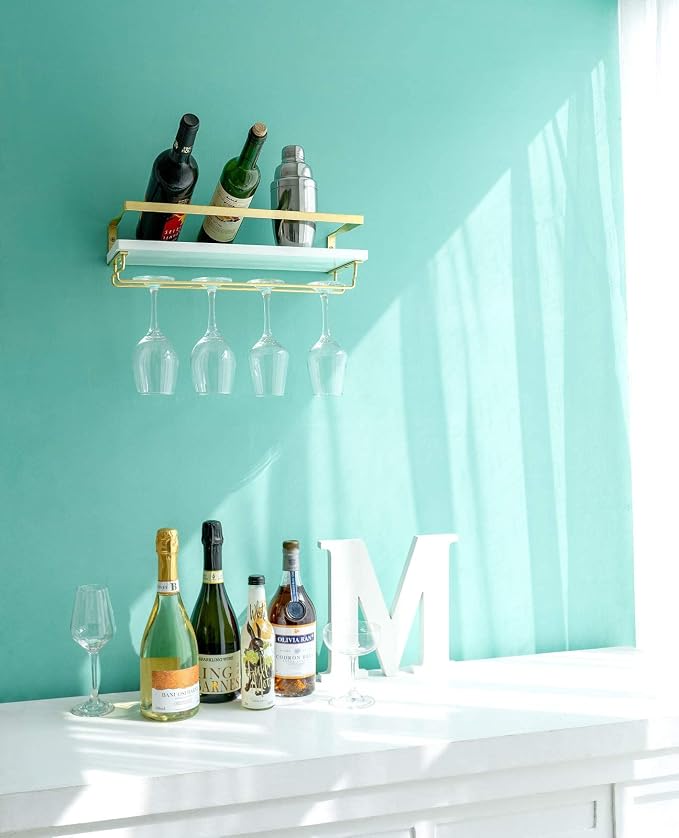 Mkono Wall Mounted Wine Rack Glass Holder, 2 Pack Rustic Shelves, 17 Inch | Space Saving, Stem Hanger, Floating Design, Store Wine Bottles, Easy Assembly, Multi-Function, Kitchen Dining Bar, Great Gift