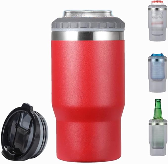 14oz 4 in 1 Stainless Steel Can Cooler Beer Bottle Insulator With 2 Lids for 12oz can&bottle, Double walled insulated Thermocooler &Travel Mug Holder Keeping Your Bevearge Cold (Red)