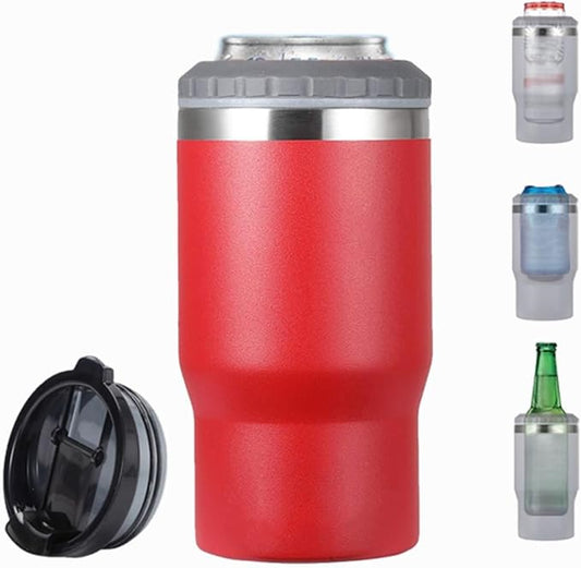 14oz 4 in 1 Stainless Steel Can Cooler Beer Bottle Insulator With 2 Lids for 12oz can&bottle, Double walled insulated Thermocooler &Travel Mug Holder Keeping Your Bevearge Cold (Red)