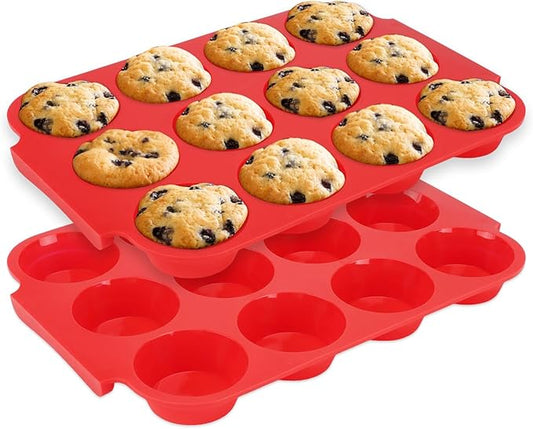 2-Pack Silicone Muffin Pan for Baking – Standard 12-Cup Nonstick Cupcake Pan with Handle, Food-Grade Certified, Odorless, BPA-Free, Silicone Baking Mold for Muffins, Egg Bites, Cupcakes