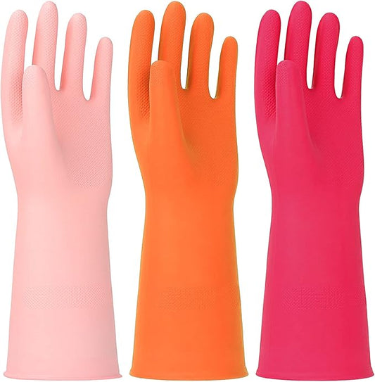 3 Pairs Rubber Cleaning Gloves Latex Free Dishwashing Gloves - 13" Reusable Nitrile Gloves Large, Orange+Pink+Red
