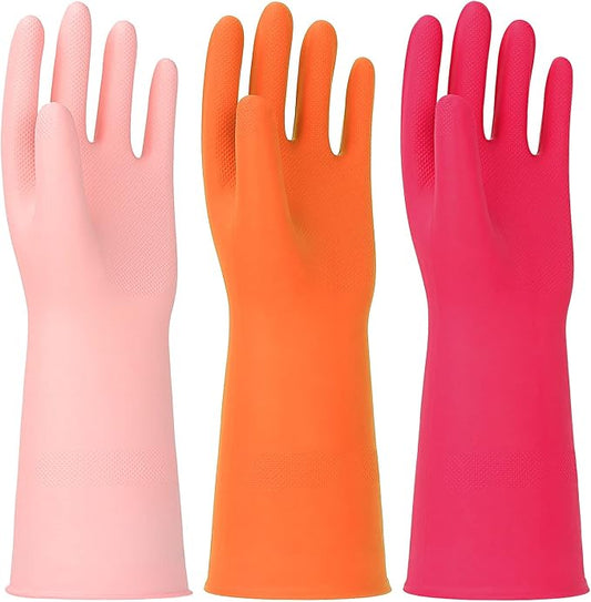 3 Pairs Rubber Cleaning Gloves Latex Free Dishwashing Gloves - 13" Reusable Nitrile Gloves Medium, Orange+Pink+Red