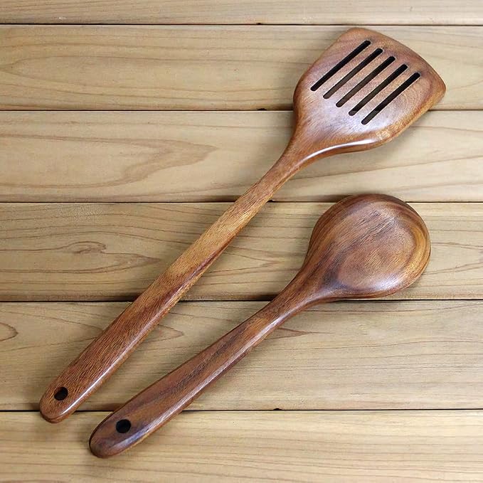 Wooden Spatulas Set of 2, Acacia Wood Rice Paddle with Slotted Design for Nonstick Cookware