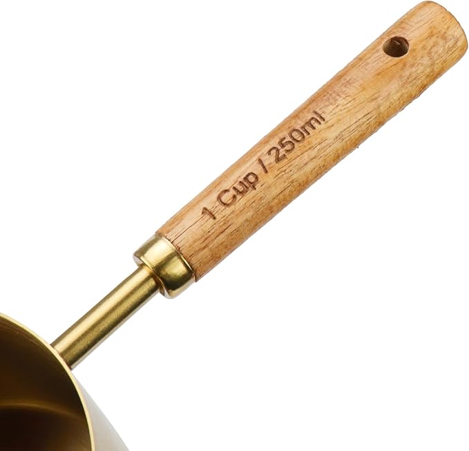 1 Cup Stainless Steel Measuring Cup with Wooden Handle, 250ml | Gold Measuring Scoop, 250ml Measuring Spoon, For Baking, Cooking, Wet and Dry Ingredients
