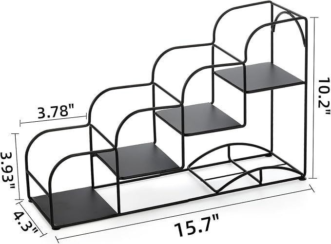 Noamus 4-Tier Syrup Bottle Holder, Iron 4 Compartment Bottle Organizer Rack, 16" Countertop Display Storage Shelf Bottle Stand, Metal Coffee Bar Organizer for Dressing, Wine, Juice, Kitchen, Black