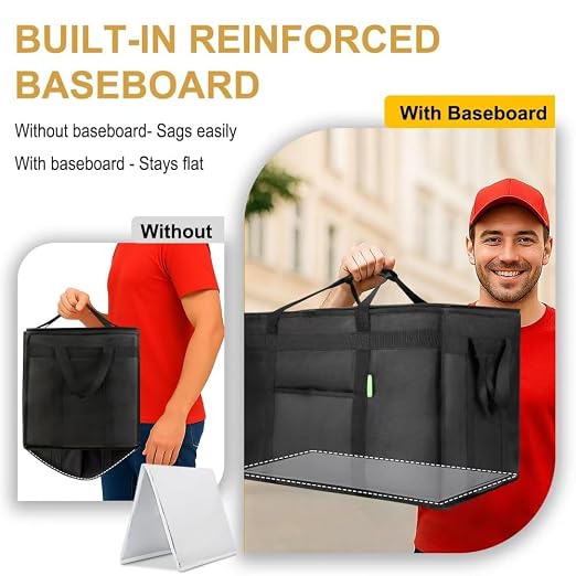 Bodaon Insulated Food Delivery Bag with Hard Baseboard, XXXL, Black, 1 Pack | Heavy-Duty, Waterproof Lining, Cold/Hot Warmer for Delivery, Reusable Grocery Carrier for Pizza, Drinks, Camping, Commercial