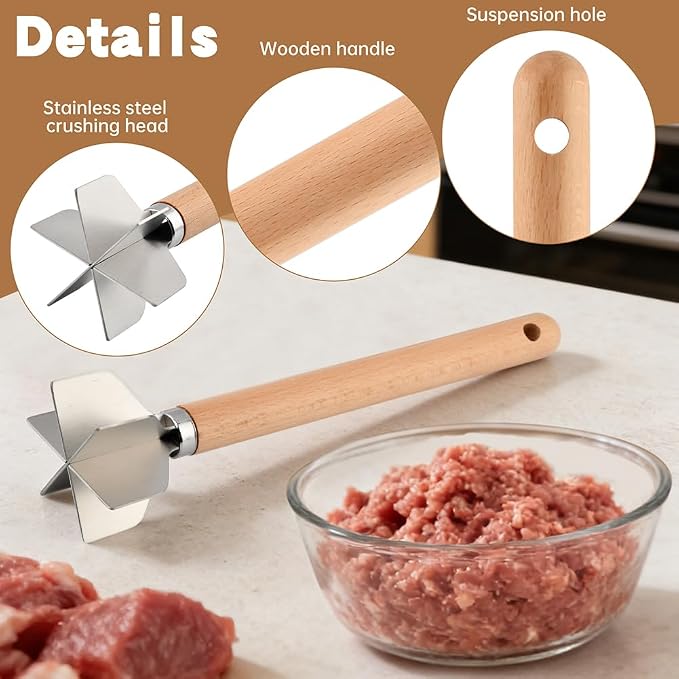 Stainless Steel Meat Chopper with Wooden Handle, 11inch Meat Masher and Tenderizer, Ground Beef Chopper Tool, Hamburger Smasher Tool
