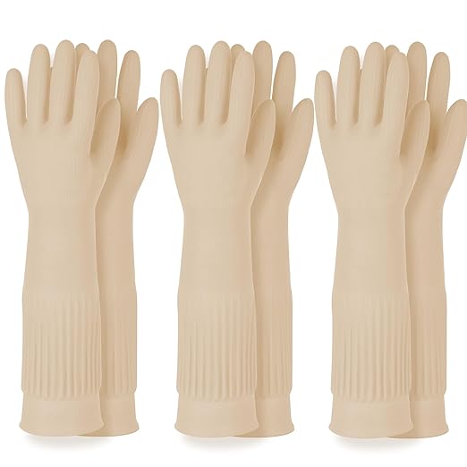 DABOGOSA Reusable Waterproof Household Dishwashing Cleaning Rubber Gloves, Non-Slip Kitchen Glove (Ivory, XL (Pack of 3))