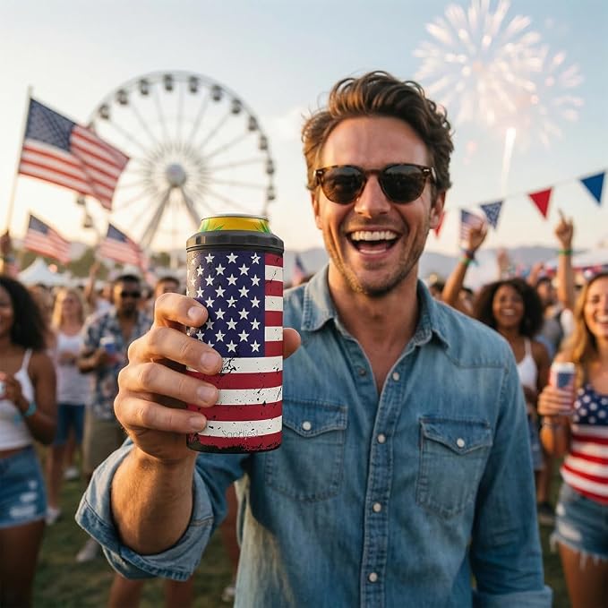 American Flag Can Cooler 12oz - Travel Mug Cups - Stainless Steel Insulated for All - Tumbler Cans Koozie, Gift for Birthday, Christmas