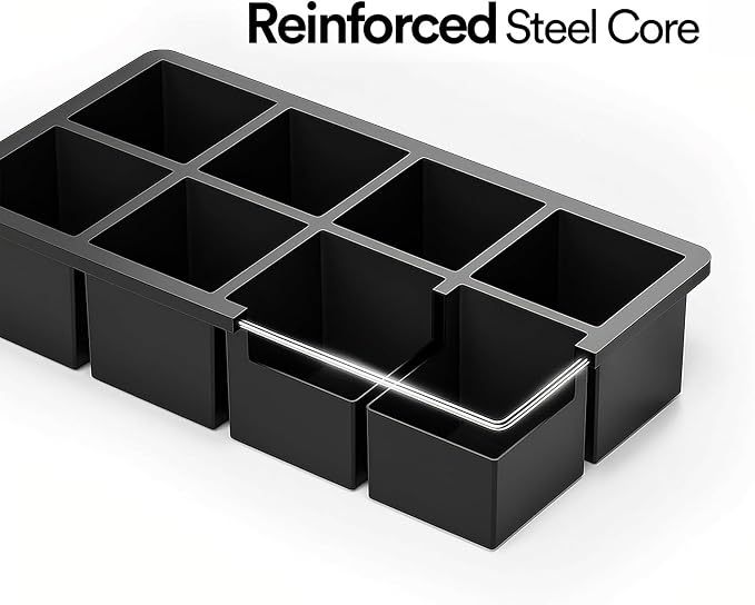 Ice Cube Molds – 2-Pack Silicone Trays for 8 Large Square Cubes – Slow-Melt Ice for Whiskey, Cocktails, Coffee & More (Black_2)