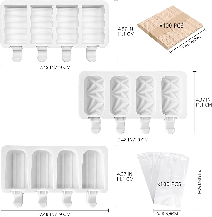 3 Set Popsicle Molds,Cakesicles Silicone Mould,12 Cavities Silicone Ice Cream Molds with Lids and 100 Pieces Wooden Popsicles Sticks and 100 Bags for Making Cakesicles,Cake Pops,Ice Cream(White)