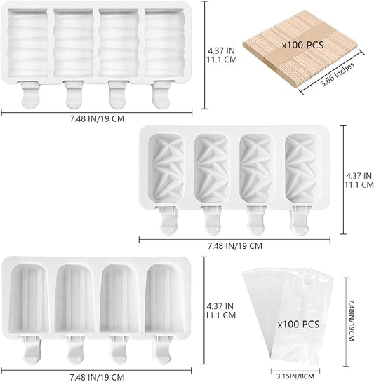 3 Set Popsicle Molds,Cakesicles Silicone Mould,12 Cavities Silicone Ice Cream Molds with Lids and 100 Pieces Wooden Popsicles Sticks and 100 Bags for Making Cakesicles,Cake Pops,Ice Cream(White)