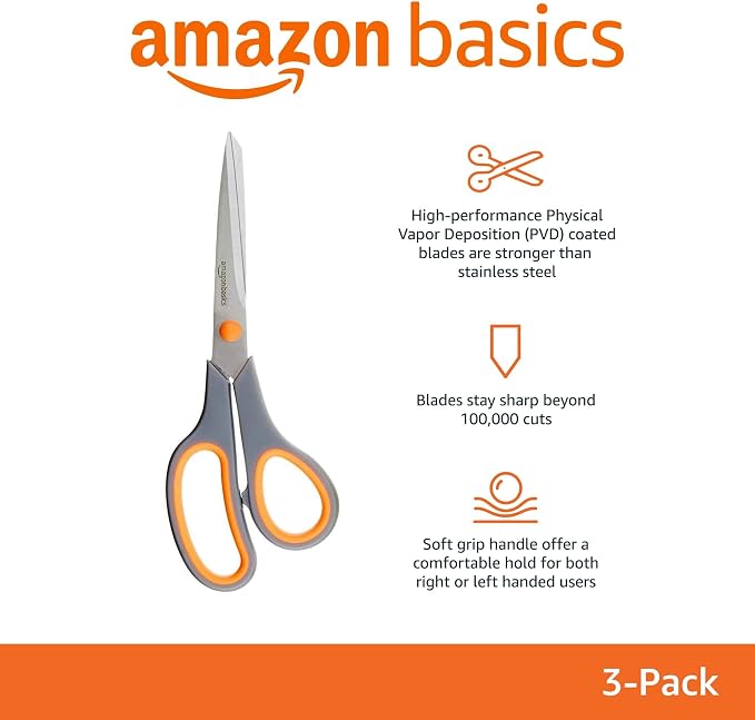 Amazon Basics Multipurpose Stainless Steel Scissors for Office, Crafts, Right/Left Handed, Comfort Grip, PVD Coated, 3-Pack, Multicolor