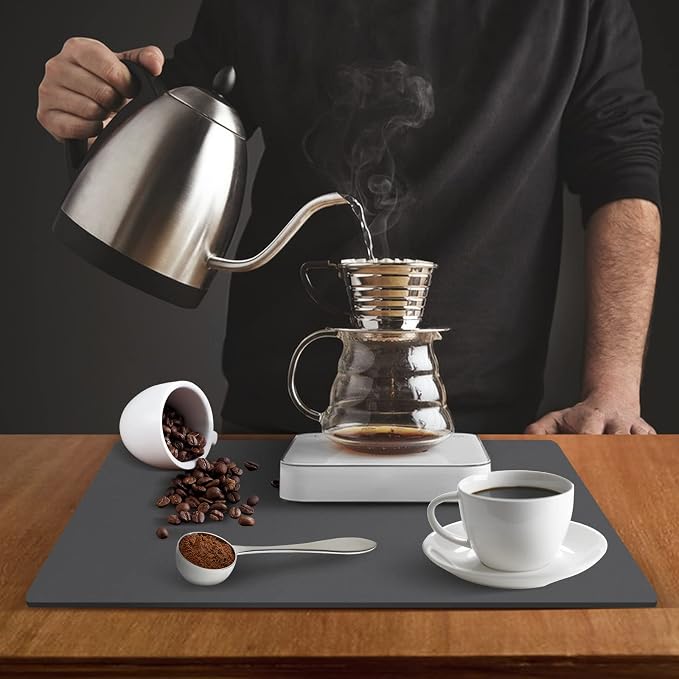 ZLR Coffee Bar Mat for Espresso Machine, 12"x20" Medium, Dark Gray | Absorbent Dish Drying Mat, Stain-Hiding PU Top, Non-Slip Back, Fits Grinder, Knock Box, Tamper & Milk Frother